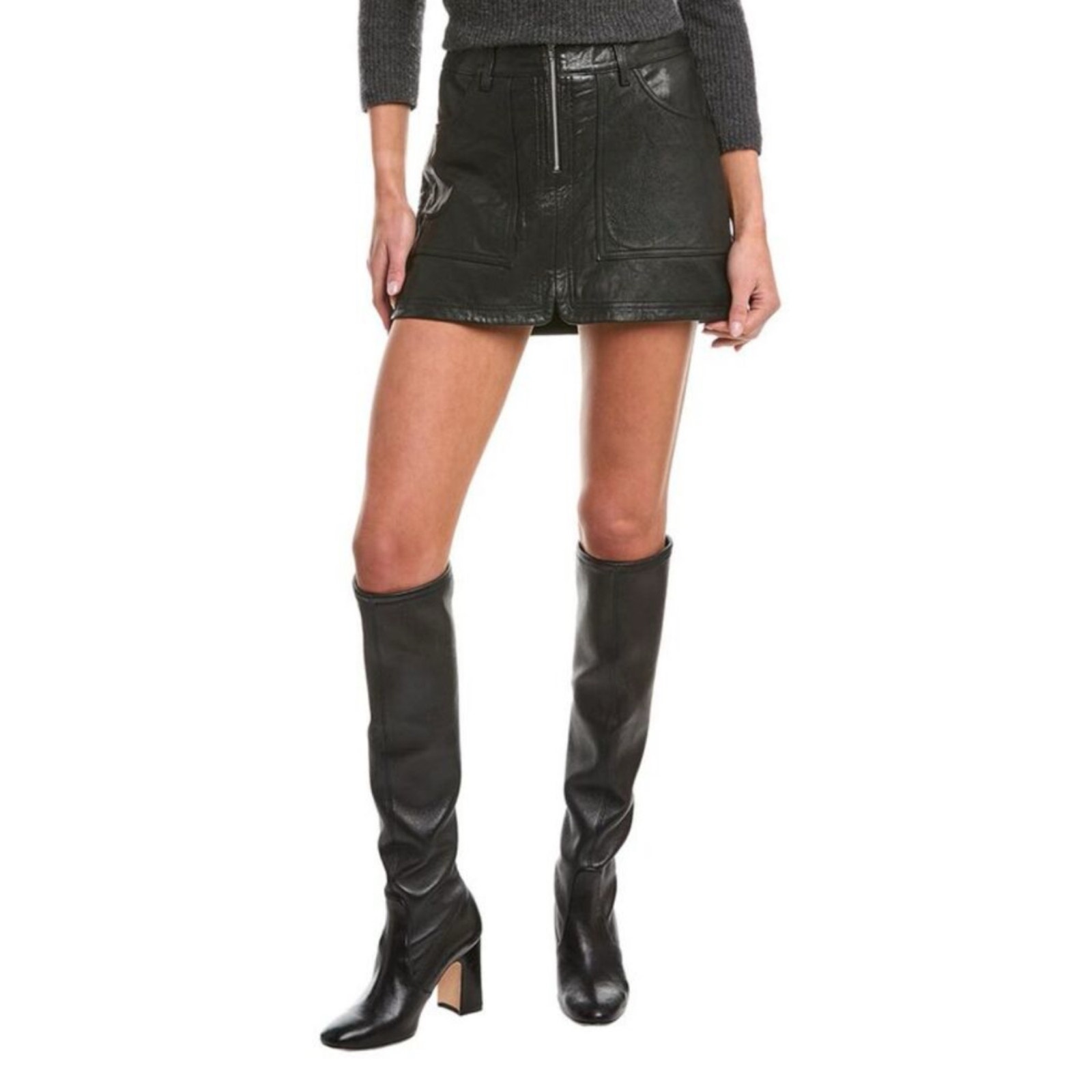 Ba&Sh Baly Noir Textured Black Lamb Leather Zip Front Mini Skirt 36 S